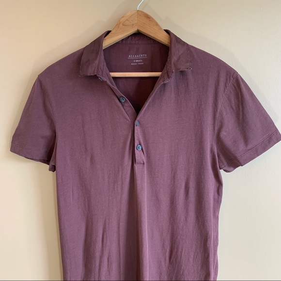 All Saints Tops - ALL SAINTS chocolate brown polo shirt leather collar size XS very soft top